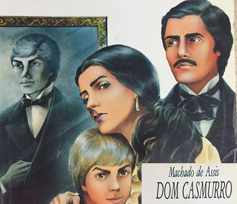 Capitu e Bentinho, junto com seu filho na capa de uma das edições de Dom Casmurro.